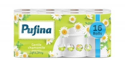 Toaletný papier, 3-vrstvový, malý kotúč, 16 kotúčov, PUFINA "Chamomile", s vôňou harmančeka