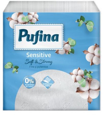Servítky, 1/4 zložené, 1-vrstvové, 24×24 cm, 90 ks, PUFINA "Sensitive"