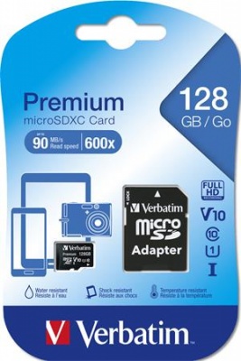 Pamäťová karta, microSDXC, 128GB, CL10/U1, 90/10 MB/s, s adaptérom, VERBATIM "Premium"