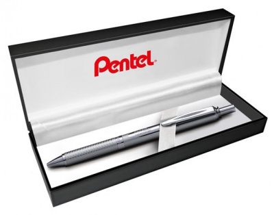 Gélové pero, 0,35 mm, stláčací mechanizmus, telo pera: strieborná, PENTEL "EnerGel BL-407" modrá