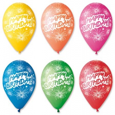 Balón, 30 cm, "Happy Birthday", ohňostroj